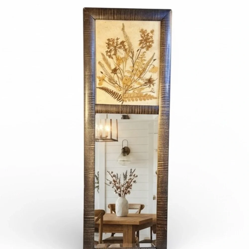 Rare Vintage Dried Pressed Botanical Floral 70s Boho Farmhouse Beveled Mirror